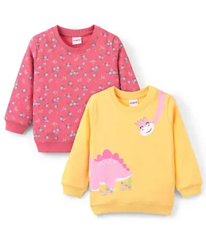Babyhug Cotton Knit Full Sleeves Floral & Dino Graphics Sweatshirts Pack of 2 - Pink & Yellow