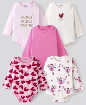 Bonfino 100% Cotton Knit Full Sleeves Onesies Heart & Text Print Pack Of 5 - Pink & White