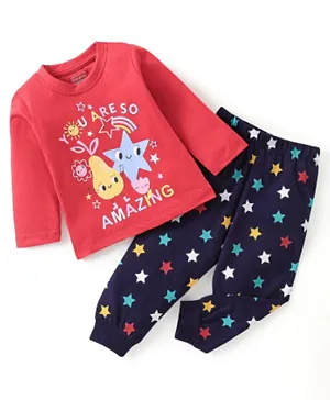 Babyhug Cotton Knit Full Sleeves Night Suit With Star Print - Red & Blue