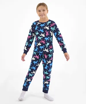 Primo Gino 100% Cotton Knit Full Sleeves Night Suit with Unicorn Print - Navy Blue