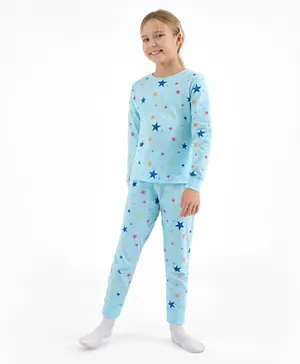 Primo Gino 100% Cotton Knit Full Sleeves Night Suit with Stars Print - Light Blue
