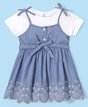 Babyhug Embroidered Denim Frock with Short Sleeves Inner Tee - Blue