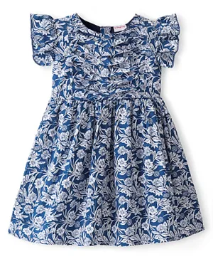 Babyhug 100% Cotton Woven Half Sleeves Frock With Floral Print - Navy Blue