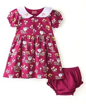 Babyhug 100% Cotton Single Jersey Knit Short Sleeves Frock With Bloomer Floral Print - Red
