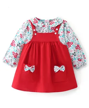 Babyhug 100% Cotton Woven Frock with Full Sleeves Floral Printed Inner Tee - Red