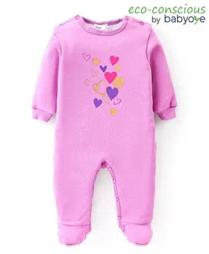 Babyoye Eco Conscious 100% Cotton Full Sleeves Footed Sleepsuit with Heart Print - Purple