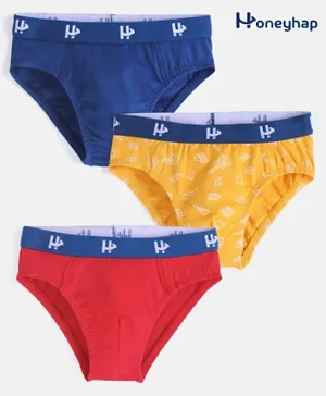 Honeyhap Premium Cotton Super Soft Stretchable Briefs With Silvadur Finish Guitar Print Pack Of 3 - Navy Peony  Old Gold & High Risk Red
