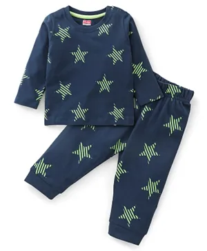 بيبي هاغ بدلة نوم مطبوعة بنجوم بأكمام طويلة من القطن المحبوك - باللون الأزرق الداكن