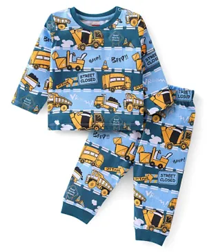 Babyhug Cotton Knit Full Sleeves Night Suit Trucks Print - Blue & Yellow