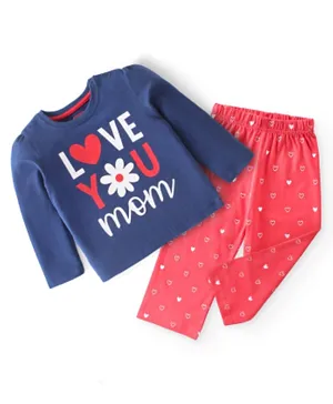Babyhug Cotton Knit Full Sleeves Night Suit With Text Print - Navy Blue & Red