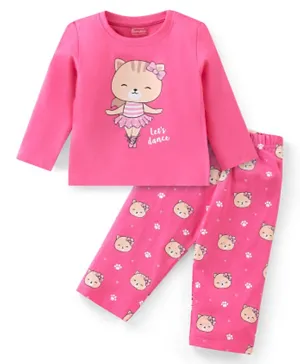 Babyhug Single Jersey Cotton Knit Full Sleeves Nightsuit With Kitty Print - Pink