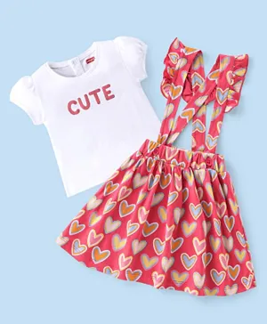 Babyhug 100% Cotton Knit Half Sleeves Top & Skirt With Heart & Text Print - White & Pink