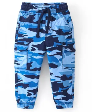 Babyhug Full Length Cotton Spandex Elasticated Trouser with Draw Cord Camouflage Print - Blue