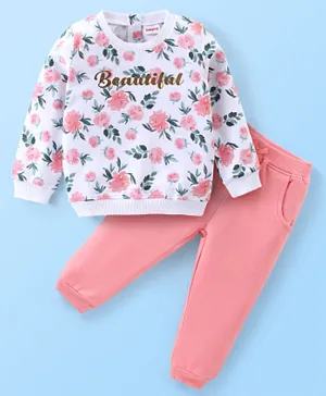 Babyhug 100% Cotton Full Sleeves Floral Printed Top and  Pant - Pink & White