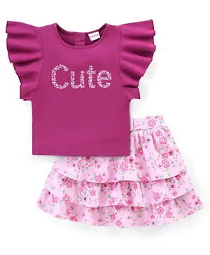 Babyhug Single Jersey Half Sleeves Top & Skirt With Floral Print - Purple & Pink