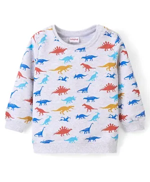 Babyhug Cotton Knit Full Sleeves Sweatshirt with Dino Print - White Melange