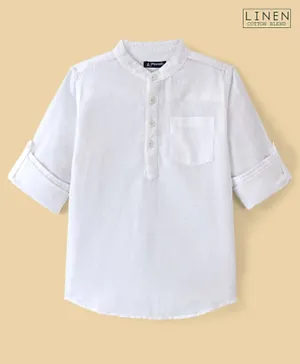 Pine Kids Roll up Full Sleeves Cotton Linen Single Pocket Mandarin Collar Shirt - White