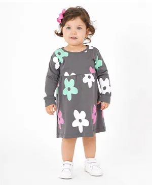 Bonfino 100% Cotton Full Sleeves Floral Printed Frock - Grey