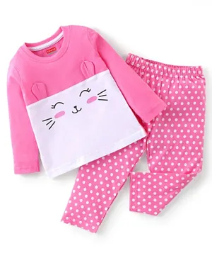 Babyhug Cotton Knit Single Jersey Full Sleeves Night Suit With Kitty Print - Pink