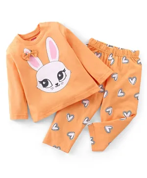 Babyhug Cotton Knit Full Sleeves T-Shirt & Pyjama Set Marie Print & Bow Applique - Orange