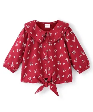 Babyhug 100% Rayon Woven Full Sleeves Peterpan Collar Frill & Lace Detailing Floral Print Top - Maroon