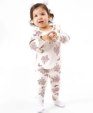 Bonfino 100% Cotton Knit Full Sleeves Night Suit Floral Print - Off White