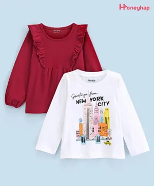 Honeyhap Premium 100% Cotton Single Jersey Knit Full Sleeves Top with Bio Wash Text Print Pack of 2 - Love Potion & White