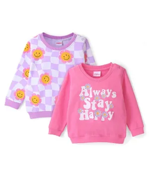 Babyhug Cotton Knit Full Sleeves Checkered Sweat Shirts with Floral & Text Print Pack of 2 - Pink & Purple