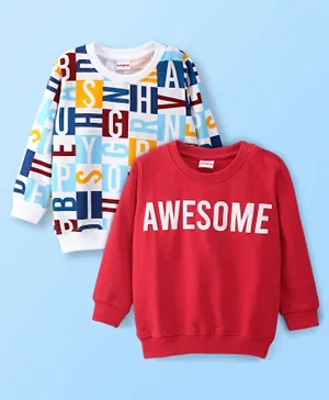 Babyhug 100% Cotton Knit Full Sleeves Text Graphics Sweatshirts Pack of 2 - White & Red