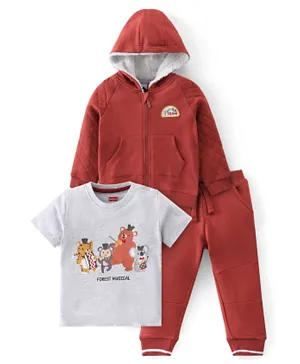 Babyhug 100% Cotton Full Sleeves Hooded Jacket & Lounge Pants With T-Shirt Animals Print - Maroon & Grey