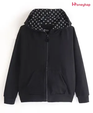 Honeyhap Premium 100% Cotton Looper Bio Finish Solid  Colour Full Sleeves Sweat Jacket with Hood - Black