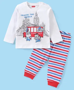 Babyhug Cotton Knit Full Sleeves Night Suit With Animals Print - White & Red
