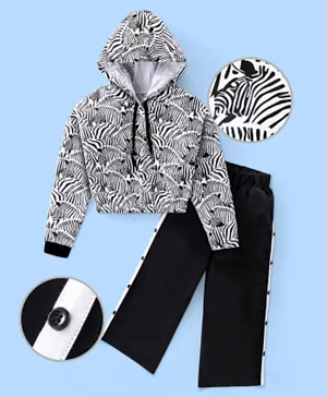 Ollington St.100% Cotton Full Sleeves Hoodie & Culottes With Zebra Print - White & Black