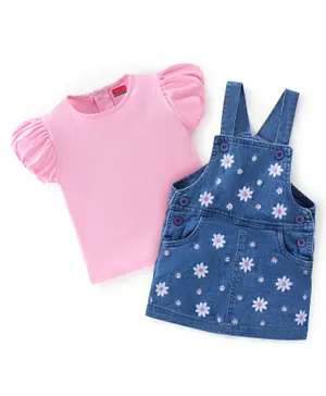 Babyhug 100% Cotton Knit Denim Frock With Short Sleeves Inner T-Shirt & Floral Embroidery - Blue & Pink
