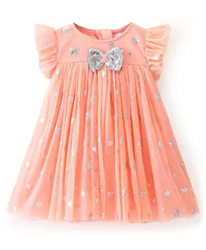 Babyhug Sleeveless Party Frock Foil Star Print & Sequine Detailing - Coral