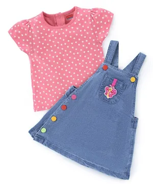 Babyhug 100% Cotton Denim Frock & Half Sleeves Inner T-Shirt with Floral Print & Butterfly Embroidery - Pink & Blue