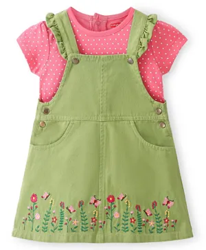 Babyhug Cotton Denim Frock with Half Sleeves Inner Tee Floral Embroidery - Green and Pink