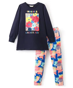 Primo Gino 100% Cotton Full Sleeves T-Shirt & Lounge Pant Set With Floral Print - Navy Blue & Pink