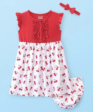 Babyhug Cotton Knit Sleeveless Frock With Bloomer & Headband Cherry Print - Red & White