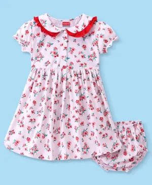Babyhug Cotton Knit Half Sleeves Frock with Bloomer Floral Printed - Pink