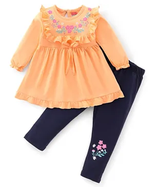 Babyhug 100% Cotton Single Jersey Knit Full Sleeves Frock With Leggings Floral Print - Peach & Blue
