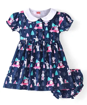 Babyhug Cotton Half Sleeves Knit Frock with Bloomer Christmas Print - Navy Blue