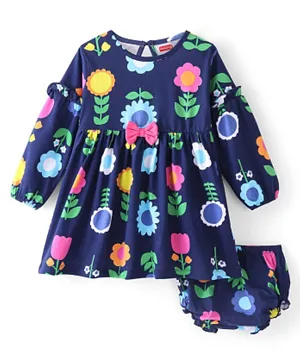 Babyhug 100% Cotton Knit Full Sleeves Frock with Bloomer Floral Print - Navy Blue