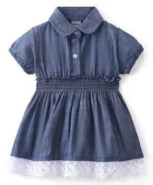 Babyhug Cotton Woven Half Sleeves Smocked Dress - Blue
