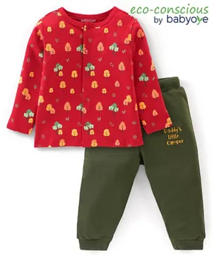 Babyoye 100% Cotton With Eco Jiva Finish Tree Printed Full Sleeves T-Shirt and Lounge Pant - Red & Green