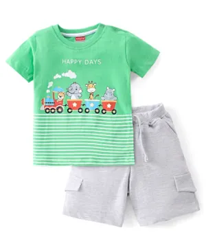 Babyhug Cotton Knit Half Sleeves Elephant Print T-Shirt And Shorts  - Green & Blue