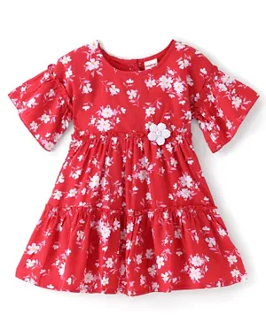 Babyhug Woven Half Sleeves Frock With Floral Print - Red