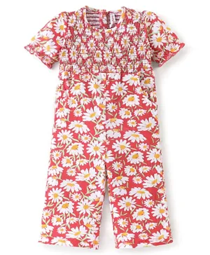 Babyhug 100% Cotton Knit Half Sleeves Jumpsuit with Floral Print - Red
