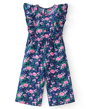 Babyhug Cotton Knit Frill Sleeves Jumpsuit with Floral Print - Navy Blue