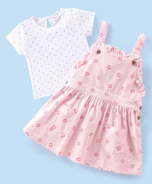 Babyhug 100% Cotton Knit Cordrouy Frock With Inner Tee Dots Print - White & Pink
